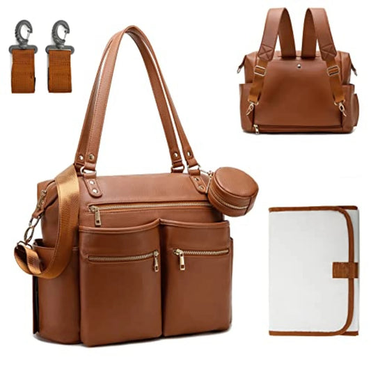 Leather Diaper Bag Tote Backpack Nappy Organizer with Changing Station